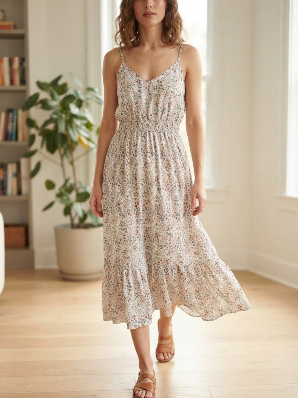 Floral Cami Maxi Dress Ditsy Print Smocked Waist Tiered Hem Midi size S/M